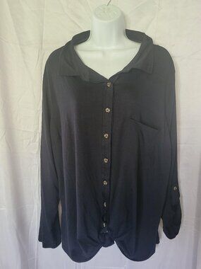 Just Be Womens Plus Size 3X Black Button Down Blouse Roll Tab Long Sleeve